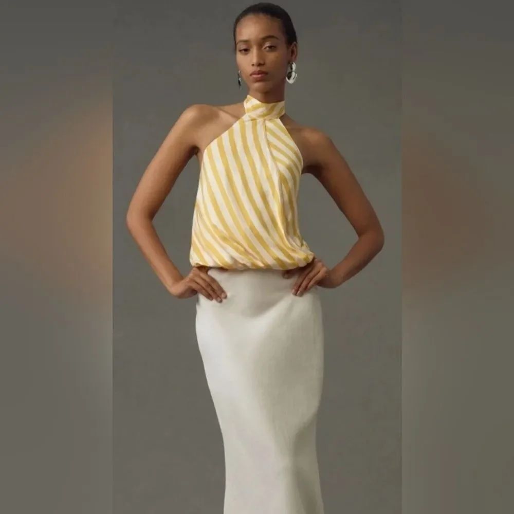 NWT Anthropologie Maeve Halter Scarf Bubble-Hem Tank Top Yellow Stripe size L